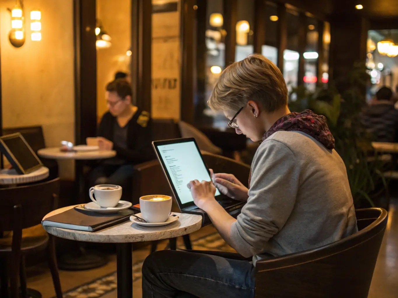 A person using the free plan of BackgroundVibes, casually listening to music while browsing on a laptop in a coffee shop. The scene is relaxed and informal, reflecting the accessibility of the free plan.