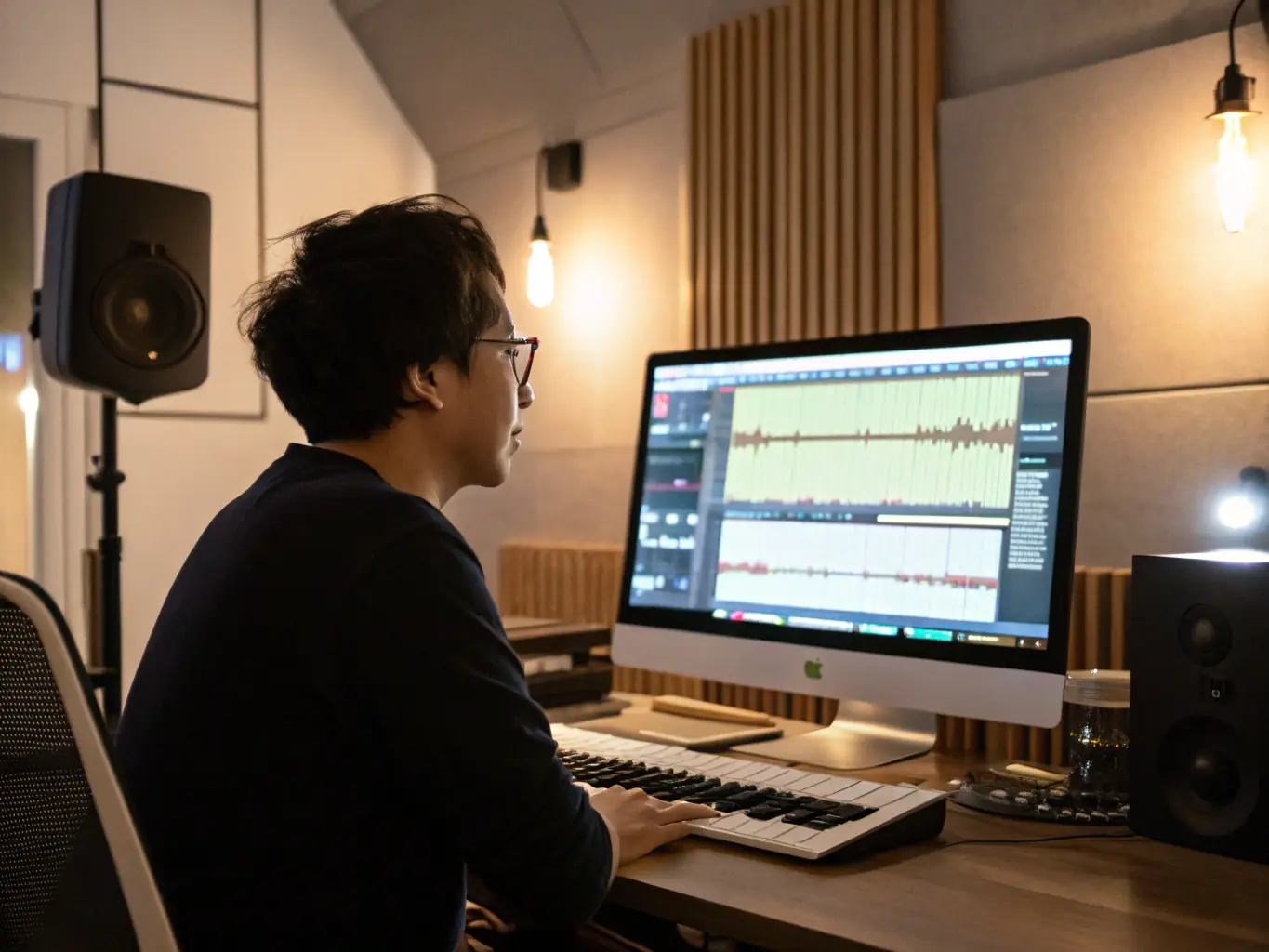 A focused professional using the premium plan of BackgroundVibes, working intently at a desk with high-quality headphones. The environment is clean, modern, and productive, showcasing the benefits of the premium plan.